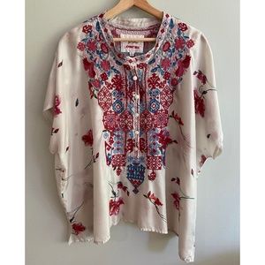 XL Biya Johnny Was Silk Embroidered Top in Off White, Reds and Blues